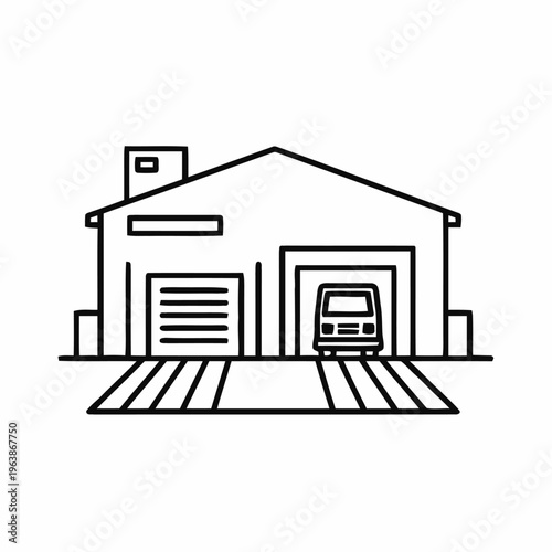 Outline drawing of a small warehouse or distribution center building featuring two loading bays, one occupied by a vehicle.