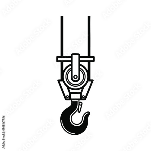 Heavy duty lifting hook with a pulley mechanism is depicted as a simple black and white icon.