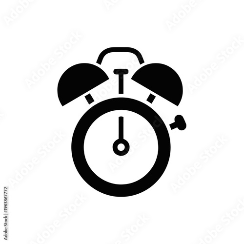 Solid silhouette of a classic twin-bell alarm clock shows the time with its hands centered on the dial.