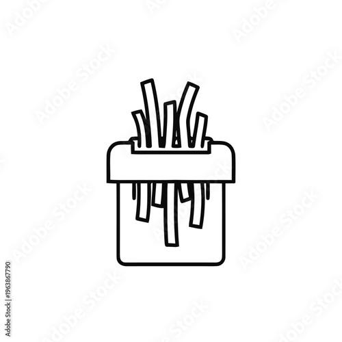 This line drawing illustrates a paper shredder actively cutting documents into thin strips, representing document destruction and confidentiality.