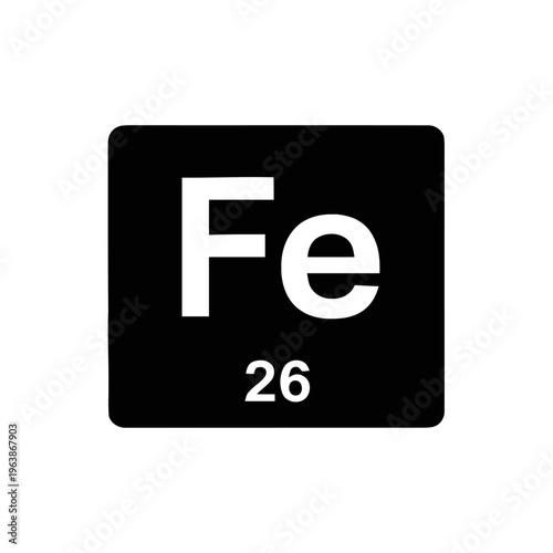 The chemical symbol for Iron, Fe, with the atomic number 26, is displayed on a black square background.