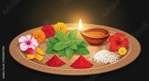 Traditional indian puja thali with flowers diya lamp and offerings on decorative plate hindu ritual setup