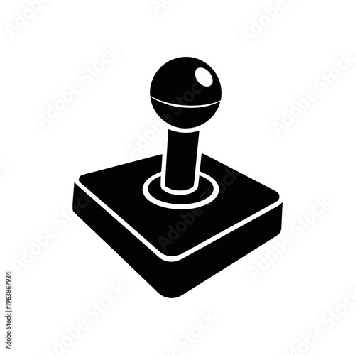 Classic arcade joystick with a spherical knob sits on a square base, rendered as a solid black graphic on a white background.