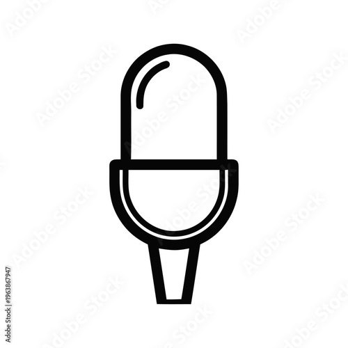 A minimalist outline illustration of a vintage-style microphone with a rounded head and a stable base is presented on a white background, evoking concepts of broadcasting and performance.