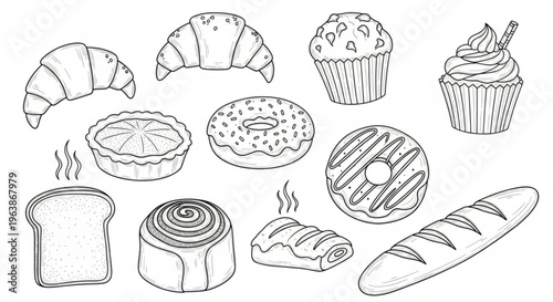 Assorted bakery products including croissants muffins cupcakes donuts bread and pastries on a white background