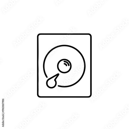 A hard drive icon is depicted with a circular platter and an arm, symbolizing data storage and computer hardware.