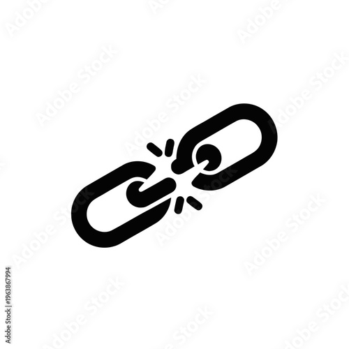A solid black icon depicts a broken chain link symbolizing disconnection, failure, or a lost connection against a white background.