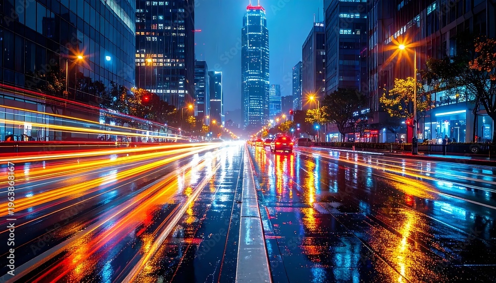 Obraz premium A city street at night with light trails on a wet road