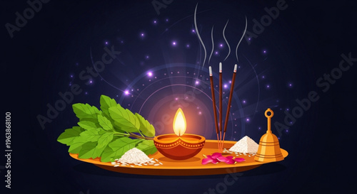Diwali puja thali with lit diya incense sticks tulsi leaves and bell representing Hindu festival traditions and spiritual offerings ideal for religious and cultural concepts