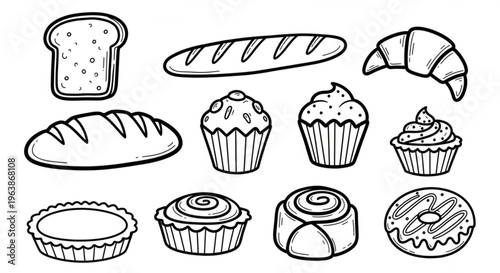 Collection of hand-drawn bakery icons including bread croissants cupcakes and donuts perfect for food blogs menus and recipe illustrations