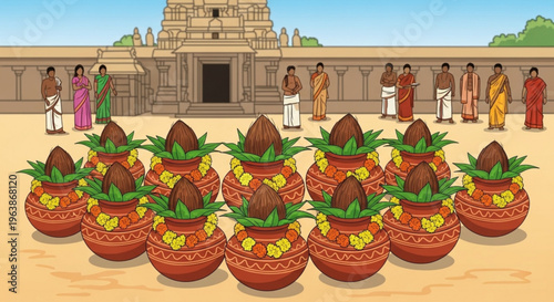 Decorative clay pots with flowers and leaves in front of a traditional indian temple with people standing in line