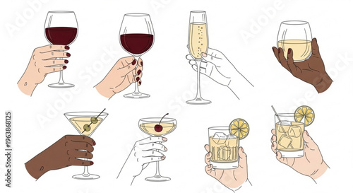 Collection of diverse hands holding various alcoholic drinks flat vector illustration for party invitations bar menus and lifestyle concepts