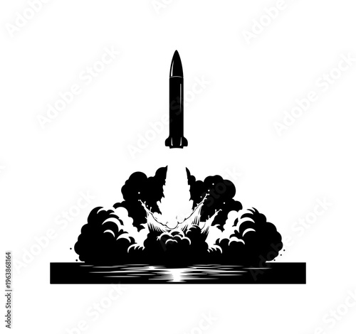 Launching Rocket with Explosive Clouds Silhouette Vector Art