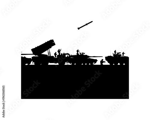 Military Tank Battle Under Missile Attack Silhouette