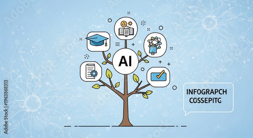 Artificial intelligence concept tree with education icons on blue background