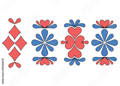 a blue-red playing card set featuring clubs, diamonds, hearts, and spades, with a mandala-inspired motif, perfect for casino themes, games, prints, and decorative designs