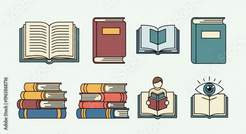 Collection of stylized book icons representing reading and knowledge perfect for educational apps websites and graphic design projects