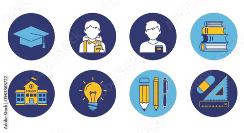 Collection of education and learning icons representing school students books and supplies flat vector design for web and app interfaces