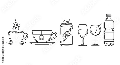 Collection of beverage icons including hot tea iced tea soda can wine glass cocktail and water bottle in a clean line art style for graphic design