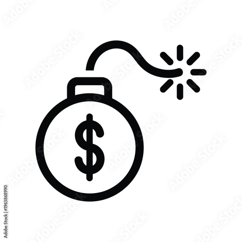 Minimalist black line icon of a dollar sign bomb with a burning fuse symbolizing financial instability, debt crisis, and high-risk investment dangers.