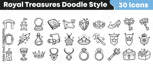 A comprehensive collection of hand-drawn doodle style icons featuring royal treasures and magical fantasy elements for creative design projects.