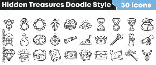 Collection of thirty hand drawn doodle style icons representing various hidden treasures and adventurous game elements