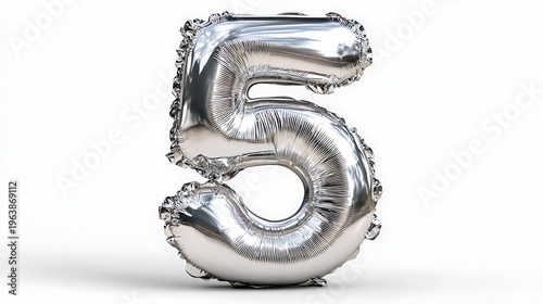 Shiny Silver Foil Balloon Shaped Like the Number 5, Isolated on a Clean White Background, Festive Celebration Element