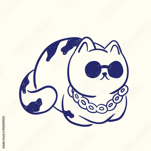Chubby Cat with Round Sunglasses and Chain Necklace Hand Drawn Doodle Illustration — Swag Spotted Cat Character Naive Style Vector.