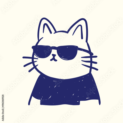 Cool Cat Wearing Sunglasses and T-shirt Hand Drawn Doodle Illustration — Stylish White Cat Portrait Naive Style Vector.