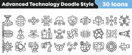 Thirty distinct advanced technology doodle style icons illustrating concepts like 3d printing data security and biotechnology research science