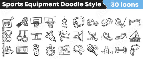 A playful collection of hand-drawn sports equipment icons in a charming doodle style, perfect for enhancing athletic and recreational themed designs.