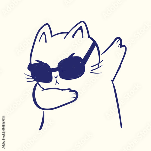 Cool Cat Dabbing with Sunglasses Hand Drawn Doodle Illustration — Confident White Cat Dab Pose Naive Style Vector.