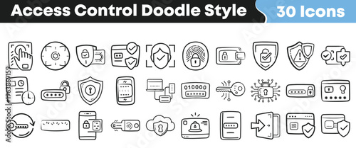 Collection of thirty unique doodle style icons representing various concepts related to digital access control and security measures