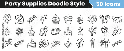 A comprehensive set of hand-drawn doodle style party supplies icons perfect for birthday celebrations, festive events, and invitation designs.