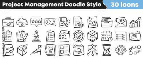 A comprehensive collection of hand-drawn project management doodle style icons depicting various business, planning, and task organization concepts for digital use.