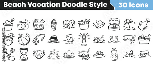 Collection of thirty hand drawn black outline beach vacation doodle style icons representing summer holiday activities and objects