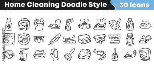 Collection of thirty hand drawn doodle style icons representing various home cleaning tasks and essential household supplies perfectly organized.