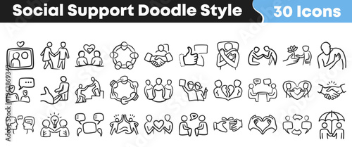 This collection features 30 hand-drawn doodle style icons symbolizing social support, community, empathy, and interconnected human relationships for creative projects.