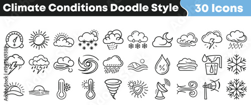 Collection of thirty hand drawn doodle style icons representing various weather and climate conditions effectively illustrating forecasts.