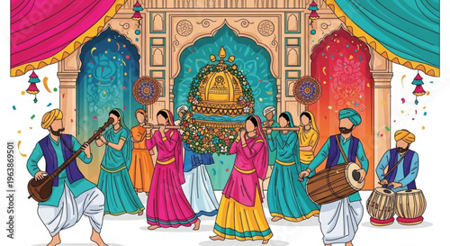 Traditional indian wedding procession with musicians and dancers in colorful attire festive decorations and temple entrance