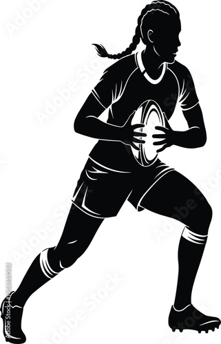Black silhouette of female rugby player with braided hair holding ball in action pose for sports competition and athletic empowerment,