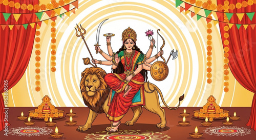 Hindu goddess durga riding lion with multiple arms in traditional indian festival setting with candles and decorations