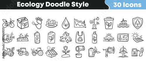 A comprehensive set of hand-drawn ecology doodle style icons depicting various environmental concepts and sustainable solutions for modern design projects.