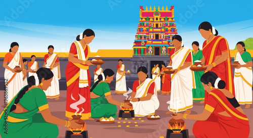 Women in traditional indian attire performing ritual ceremony with temple background