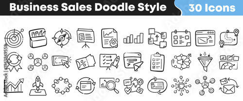 Thirty hand drawn business sales marketing strategy icons displayed in a clean doodle style outline format