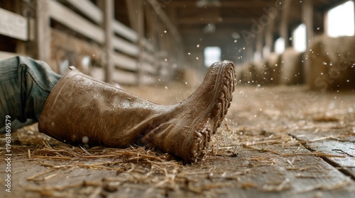 Farmer Slipping on Muddy Barn Floor with Broken Straw Scattered Around