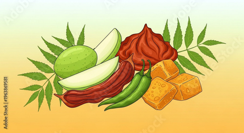 Assorted indian spices and ingredients including guava chili peppers jaggery and leaves on a gradient background