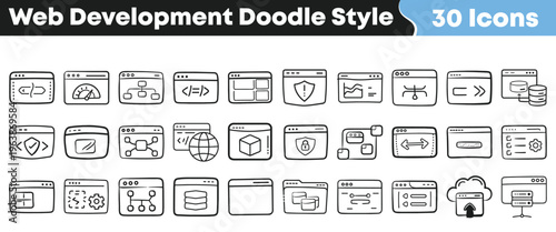 Collection of thirty hand drawn doodle style icons representing various aspects of modern web development and programming concepts