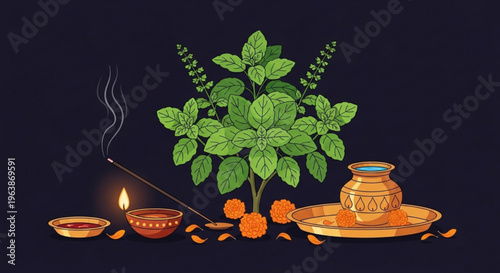 Tulsi plant with diyas and incense stick on dark background indian festival decoration