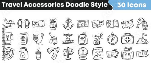 Explore thirty distinct hand-drawn travel accessories presented in a charming doodle style, perfect for enhancing your vacation and adventure themed designs.